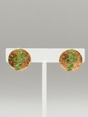Abstract Green Rhinestone Gold Disk Pierced Earrings